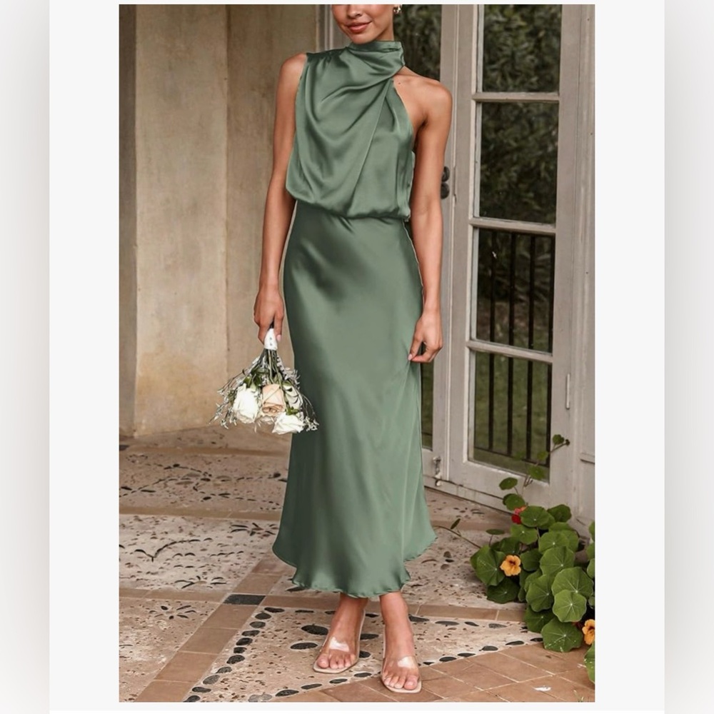 Satin Dress Elegant Sleeveless Mock Neck Cocktail Party Maxi Dress - Picture 2 of 4